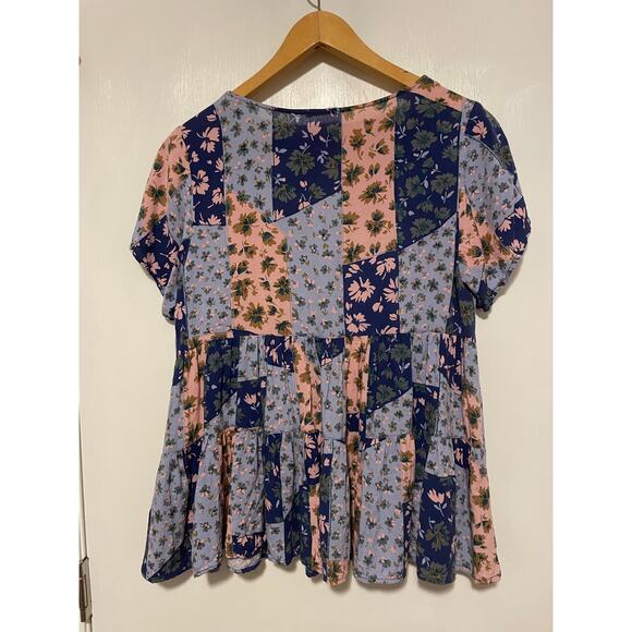 Kori Blue Floral Patchwork Babydoll top buttons tiered lightweight Size M - Picture 2 of 6